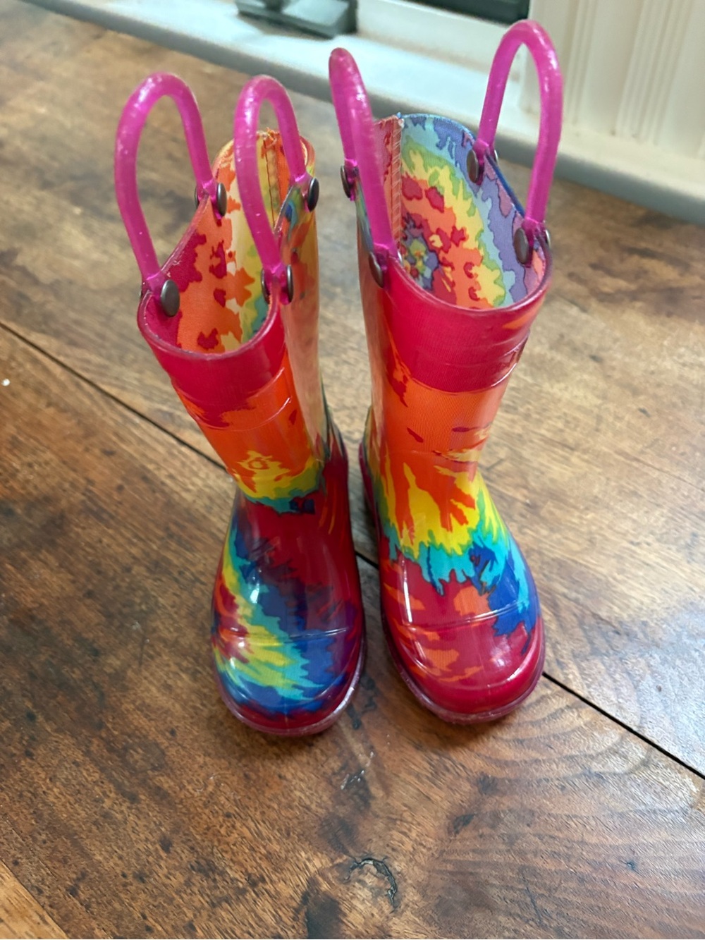 Kids Rainbow Tie-Dye Rain Boots with Pink Handles